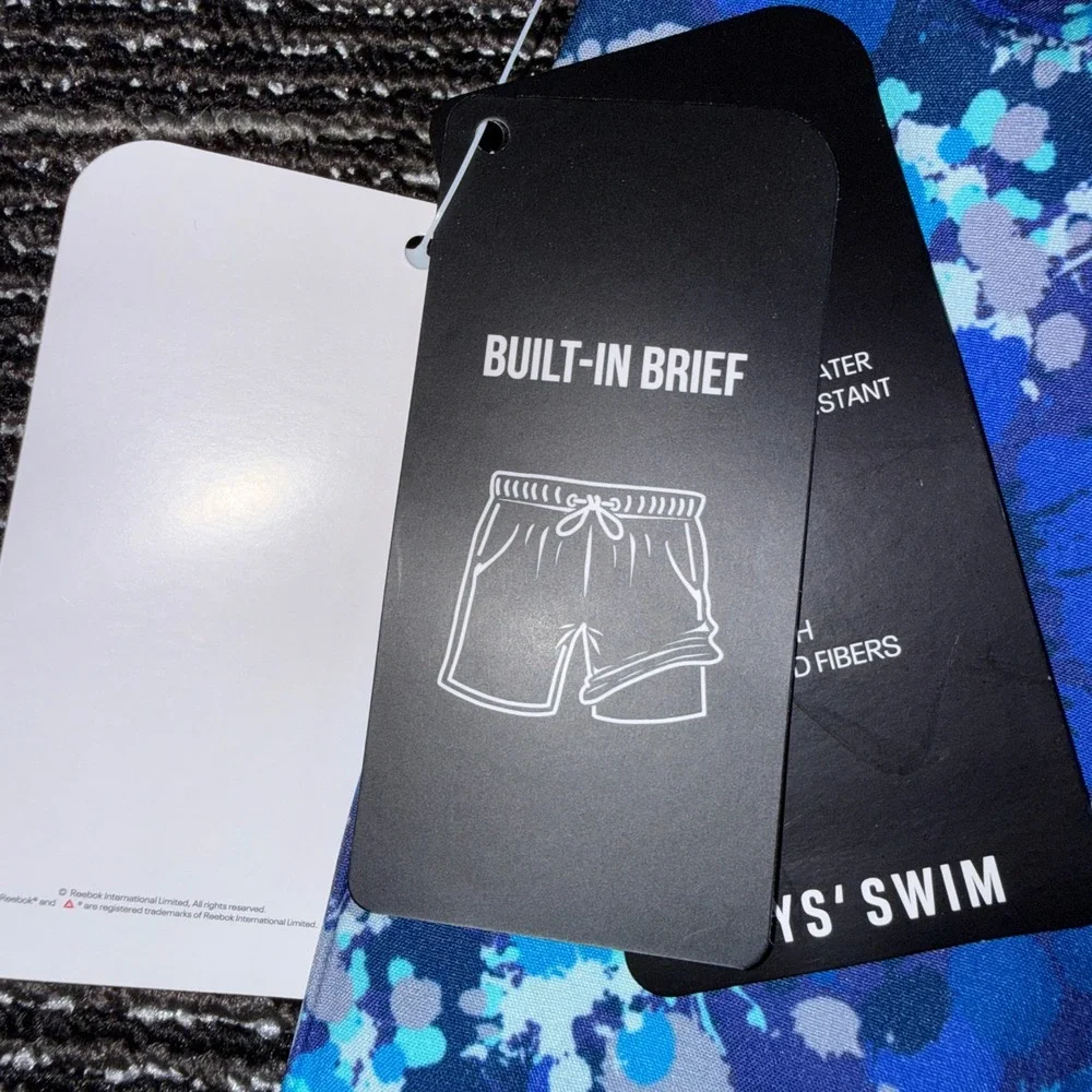 Reebok Swim Trunks Boys 8 New Blue Gray Paint Splatter Shorts RBPDQ2401B